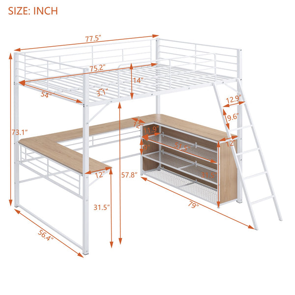 English Elm Full Metal Loft Bed with L-Shaped Desk, 3-Tier Shelving, Sturdy Ladder & Space-Saving Design for Teens and Adults White SF000080AAK