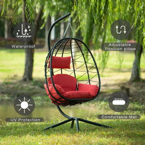 English Elm Egg Modern Rattan Hanging Swing Chair with Stand - All-Weather PE Wicker Egg Seat for Patio Comfort Red W87437580