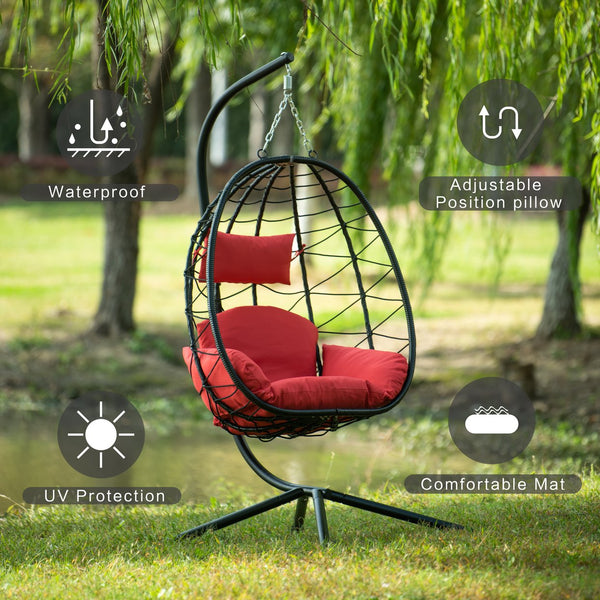English Elm Egg Modern Rattan Hanging Swing Chair with Stand - All-Weather PE Wicker Egg Seat for Patio Comfort Red W87437580