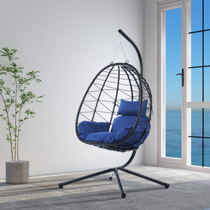 English Elm Egg Modern Rattan Hanging Swing Chair with Stand - All-Weather PE Wicker Egg Seat for Patio Comfort Navy Blue W87437581