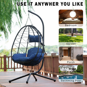 English Elm Egg Modern Rattan Hanging Swing Chair with Stand - All-Weather PE Wicker Egg Seat for Patio Comfort Navy Blue W87437581