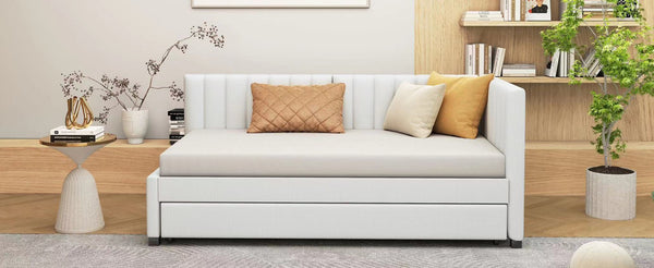 English Elm Upholstered Twin Daybed with Roll-out Trundle Linen Sofa Frame for Guest Rooms LP000171AAA