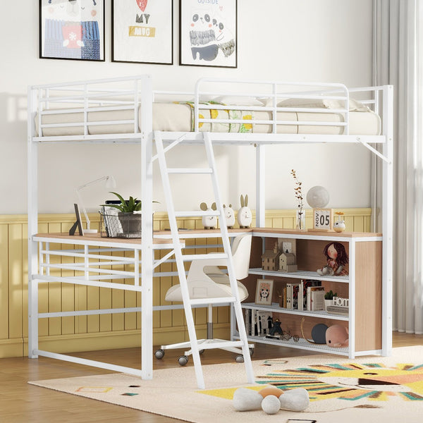English Elm Full Metal Loft Bed with L-Shaped Desk, 3-Tier Shelving, Sturdy Ladder & Space-Saving Design for Teens and Adults White SF000080AAK