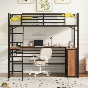 English Elm Twin Metal Loft Bed with L-Shaped Desk, 3-Tier Shelving, Sturdy Ladder & Space-Saving Design Black SF000079AAB