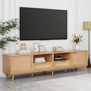 English Elm Rattan Modern Farmhouse TV Stand for TVs up to 85" — Rattan Media Console with Cable Management, Solid Wood Feet and Multi-Functional Storage WF316678AAP