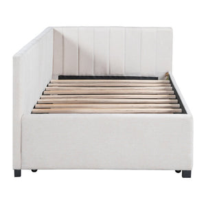English Elm Upholstered Twin Daybed with Roll-out Trundle Linen Sofa Frame for Guest Rooms LP000171AAA