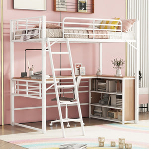 English Elm Twin Metal Loft Bed with L-Shaped Desk, 3-Tier Shelving, Sturdy Ladder & Space-Saving Design White SF000079AAK