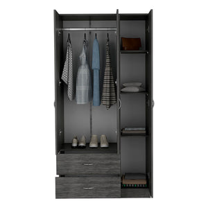 English Elm Three Door Armoire Clark Smokey Oak/White — 70.8"H storage cabinet with rod, 4 shelves & 2 drawers durable engineered wood B092S00205