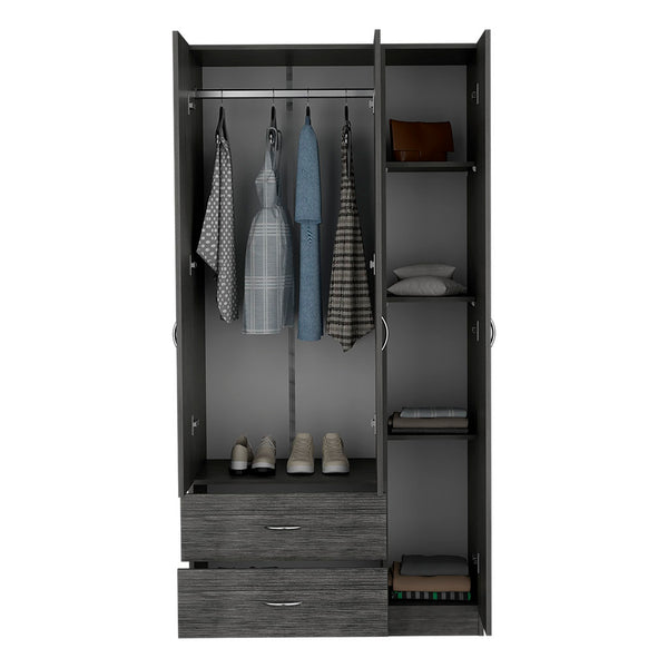English Elm Three Door Armoire Clark Smokey Oak/White — 70.8"H storage cabinet with rod, 4 shelves & 2 drawers durable engineered wood B092S00205
