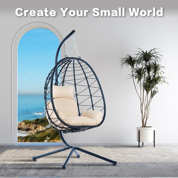 English Elm Egg Modern Rattan Swing Chair with Stand – Black PE Wicker & Beige Cushion, All-Weather Patio Egg Seat W87433841