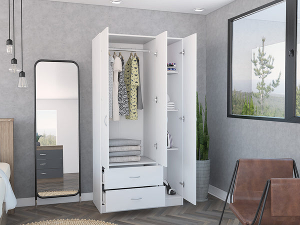 English Elm Three Door Armoire Clark White - 70.8"H Engineered Wood Wardrobe with Rod, 4 Shelves & 2 Drawers Durable Stylish B092S00202