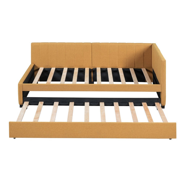 English Elm Upholstered Twin Daybed with Roll-out Trundle Linen Sofa Frame for Guest Rooms LP000171AAL