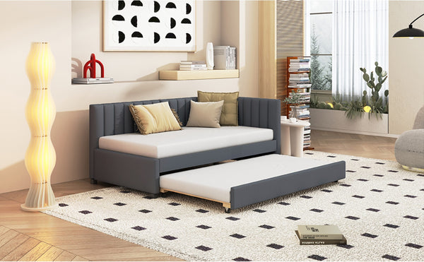 English Elm Upholstered Twin Daybed with Roll-out Trundle Linen Sofa Frame for Guest Rooms Gray LP000171AAE