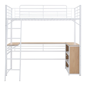English Elm Twin Metal Loft Bed with L-Shaped Desk, 3-Tier Shelving, Sturdy Ladder & Space-Saving Design White SF000079AAK