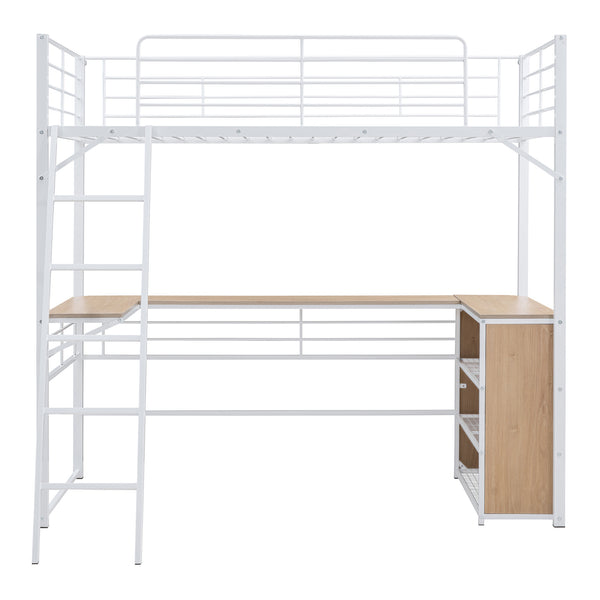 English Elm Twin Metal Loft Bed with L-Shaped Desk, 3-Tier Shelving, Sturdy Ladder & Space-Saving Design White SF000079AAK