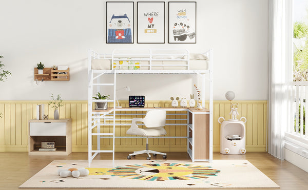 English Elm Full Metal Loft Bed with L-Shaped Desk, 3-Tier Shelving, Sturdy Ladder & Space-Saving Design for Teens and Adults White SF000080AAK
