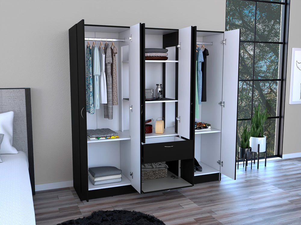English Elm Six Doors Armoire Maya White+Black 71.2" Tall Engineered Wood Wardrobe with 2 Hanging Cabinets, Shelves, Drawer B092S00206