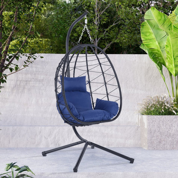English Elm Egg Modern Rattan Hanging Swing Chair with Stand - All-Weather PE Wicker Egg Seat for Patio Comfort Navy Blue W87437581
