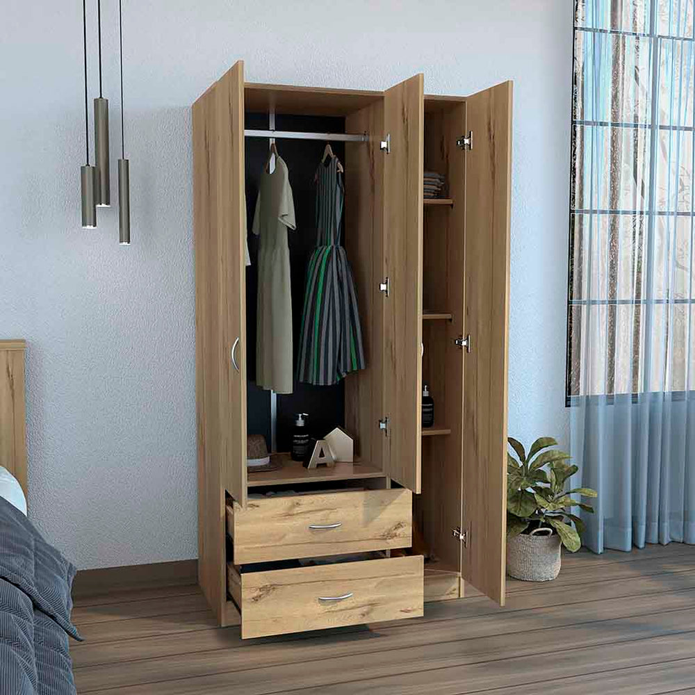 English Elm Three Door Armoire Clark — Spacious Light Oak Engineered Wood Closet with Drawers, Shelves & Rod for Organized Bedrooms B092S00208