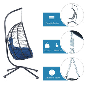 English Elm Egg Modern Rattan Hanging Swing Chair with Stand - All-Weather PE Wicker Egg Seat for Patio Comfort Navy Blue W87437581