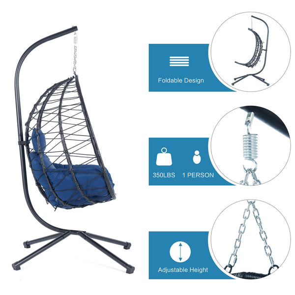 English Elm Egg Modern Rattan Hanging Swing Chair with Stand - All-Weather PE Wicker Egg Seat for Patio Comfort Navy Blue W87437581
