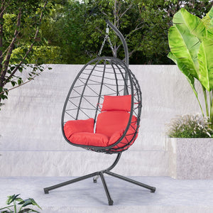 English Elm Egg Modern Rattan Hanging Swing Chair with Stand - All-Weather PE Wicker Egg Seat for Patio Comfort Red W87437580
