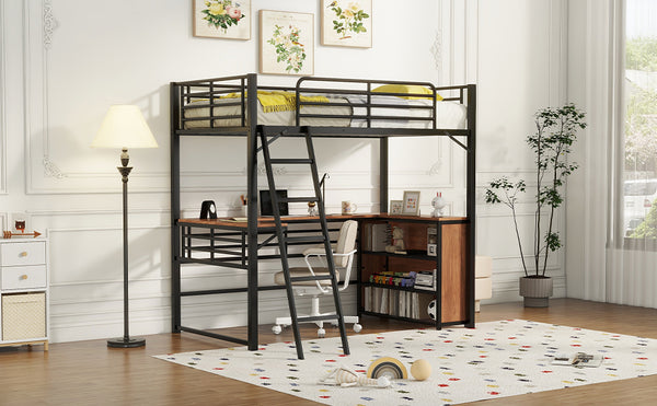 English Elm Twin Metal Loft Bed with L-Shaped Desk, 3-Tier Shelving, Sturdy Ladder & Space-Saving Design Black SF000079AAB