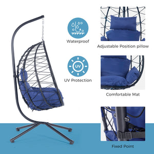 English Elm Egg Modern Rattan Hanging Swing Chair with Stand - All-Weather PE Wicker Egg Seat for Patio Comfort Navy Blue W87437581