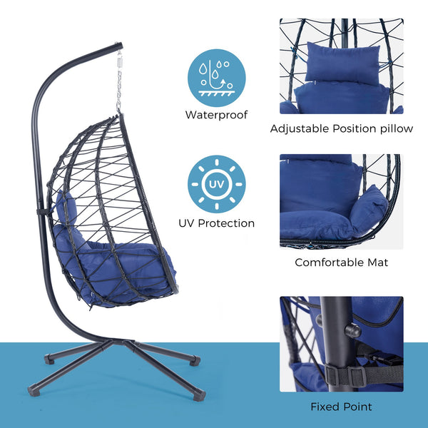 English Elm Egg Modern Rattan Hanging Swing Chair with Stand - All-Weather PE Wicker Egg Seat for Patio Comfort Navy Blue W87437581
