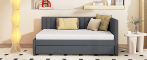 English Elm Upholstered Twin Daybed with Roll-out Trundle Linen Sofa Frame for Guest Rooms Gray LP000171AAE