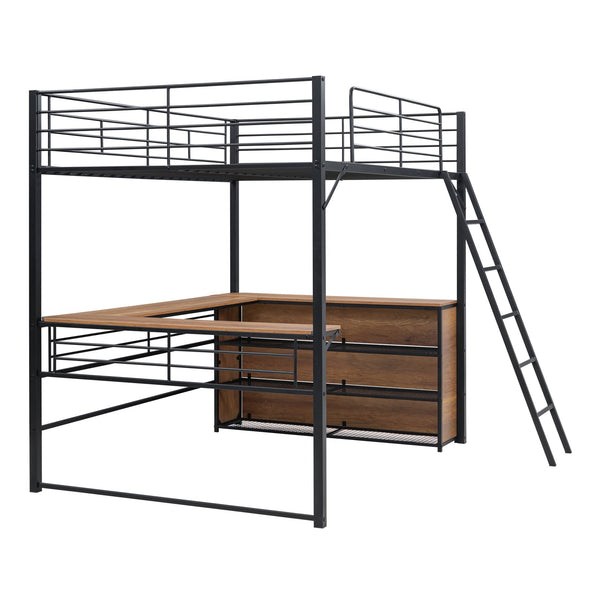 English Elm Full Metal Loft Bed with L-Shaped Desk, 3-Tier Shelving, Sturdy Ladder & Space-Saving Design for Teens and Adults Black SF000080AAB