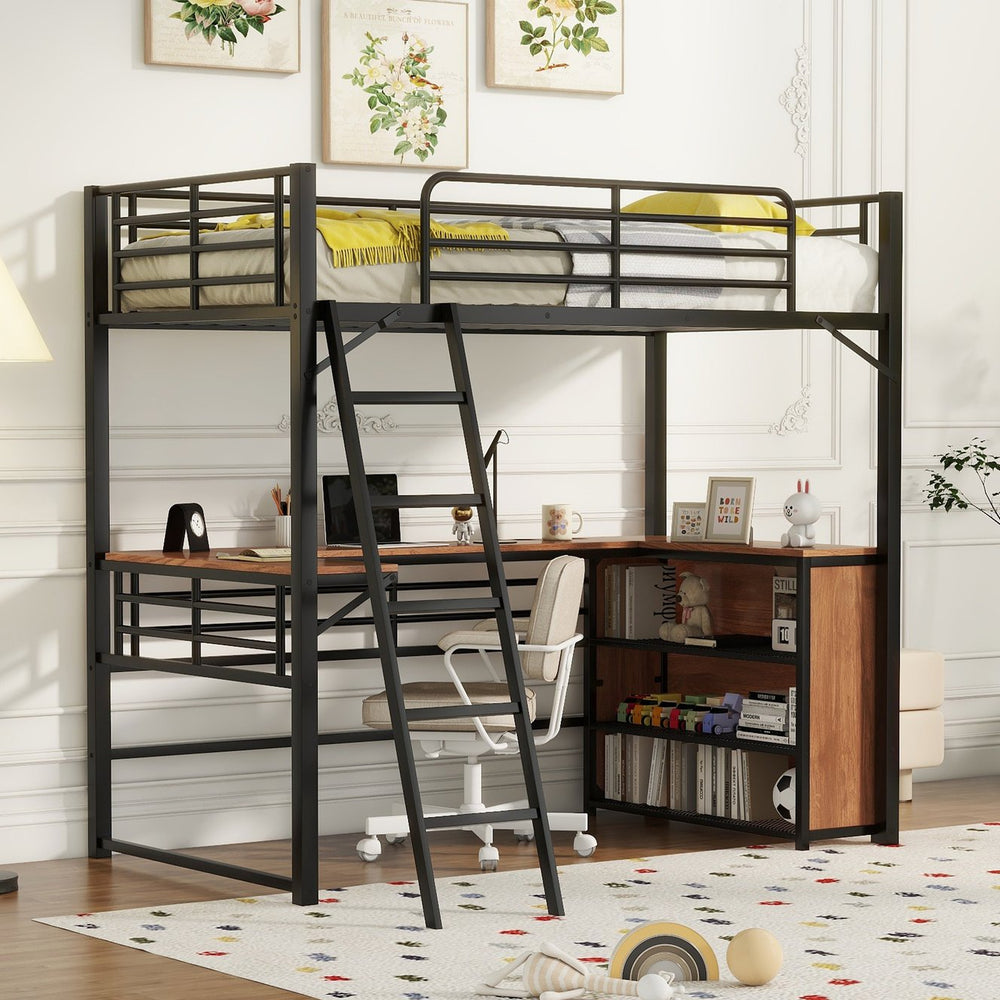English Elm Twin Metal Loft Bed with L-Shaped Desk, 3-Tier Shelving, Sturdy Ladder & Space-Saving Design Black SF000079AAB