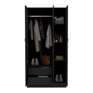 English Elm Wardrobe Erie Black with 3 Doors, 2 Drawers & Shelves — Engineered Wood, Hanging Rod, Durable Storage B092S00215