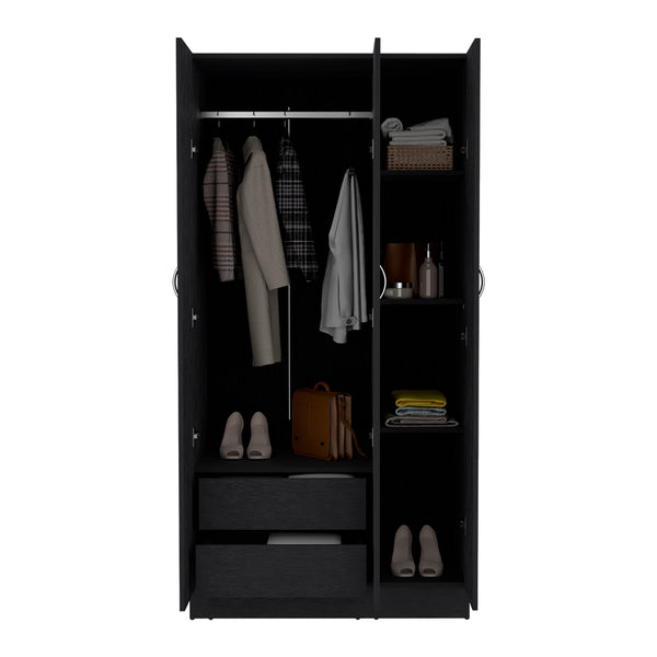 English Elm Wardrobe Erie Black with 3 Doors, 2 Drawers & Shelves — Engineered Wood, Hanging Rod, Durable Storage B092S00215