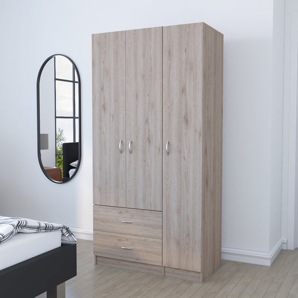 English Elm Three Door Armoire Clark Light Gray — 70.8" Tall Engineered Wood Wardrobe with Rod, Drawers & Shelves B092S00203