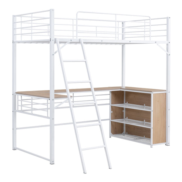 English Elm Twin Metal Loft Bed with L-Shaped Desk, 3-Tier Shelving, Sturdy Ladder & Space-Saving Design White SF000079AAK