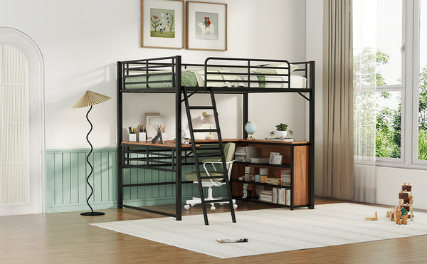 English Elm Full Metal Loft Bed with L-Shaped Desk, 3-Tier Shelving, Sturdy Ladder & Space-Saving Design for Teens and Adults Black SF000080AAB