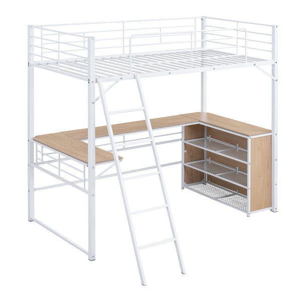 English Elm Twin Metal Loft Bed with L-Shaped Desk, 3-Tier Shelving, Sturdy Ladder & Space-Saving Design White SF000079AAK