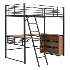 English Elm Twin Metal Loft Bed with L-Shaped Desk, 3-Tier Shelving, Sturdy Ladder & Space-Saving Design Black SF000079AAB