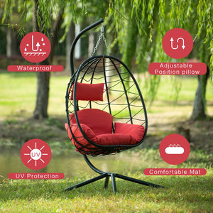 English Elm Egg Modern Rattan Hanging Swing Chair with Stand - All-Weather PE Wicker Egg Seat for Patio Comfort Red W87437580