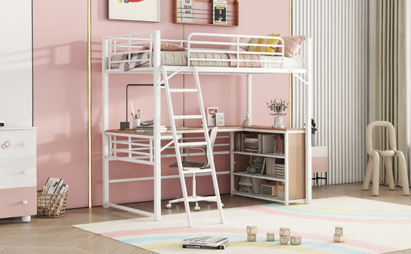 English Elm Twin Metal Loft Bed with L-Shaped Desk, 3-Tier Shelving, Sturdy Ladder & Space-Saving Design White SF000079AAK