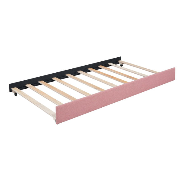 English Elm Upholstered Twin Daybed with Roll-out Trundle Linen Sofa Frame for Guest Rooms Pink LP000171AAH