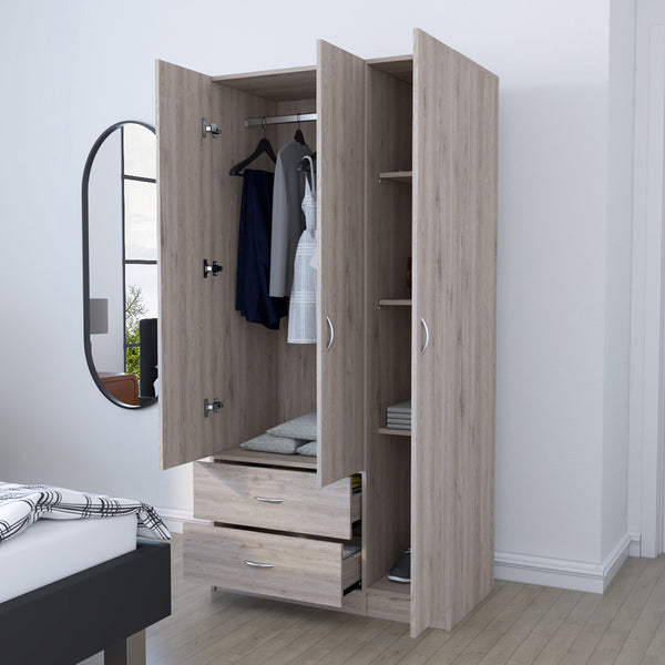 English Elm Three Door Armoire Clark Light Gray — 70.8" Tall Engineered Wood Wardrobe with Rod, Drawers & Shelves B092S00203