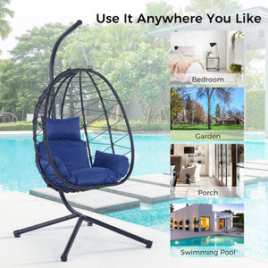 English Elm Egg Modern Rattan Hanging Swing Chair with Stand - All-Weather PE Wicker Egg Seat for Patio Comfort Navy Blue W87437581