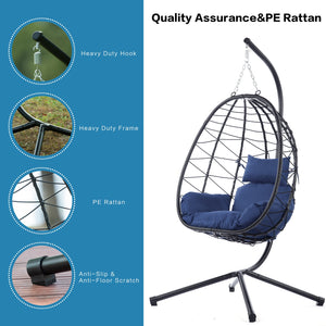 English Elm Egg Modern Rattan Hanging Swing Chair with Stand - All-Weather PE Wicker Egg Seat for Patio Comfort Navy Blue W87437581