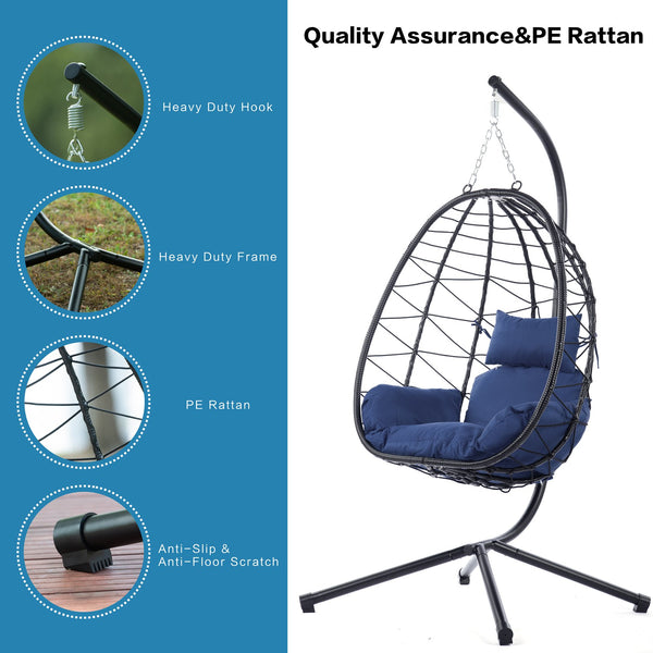 English Elm Egg Modern Rattan Hanging Swing Chair with Stand - All-Weather PE Wicker Egg Seat for Patio Comfort Navy Blue W87437581