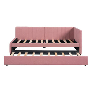 English Elm Upholstered Twin Daybed with Roll-out Trundle Linen Sofa Frame for Guest Rooms Pink LP000171AAH