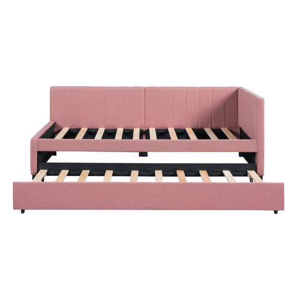 English Elm Upholstered Twin Daybed with Roll-out Trundle Linen Sofa Frame for Guest Rooms Pink LP000171AAH