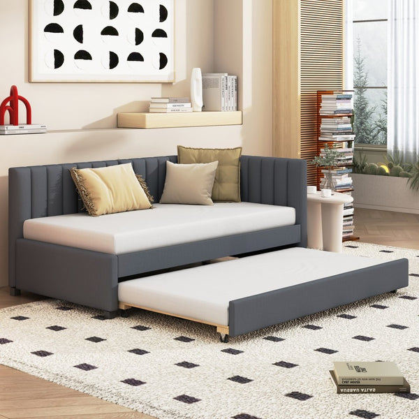 English Elm Upholstered Twin Daybed with Roll-out Trundle Linen Sofa Frame for Guest Rooms Gray LP000171AAE