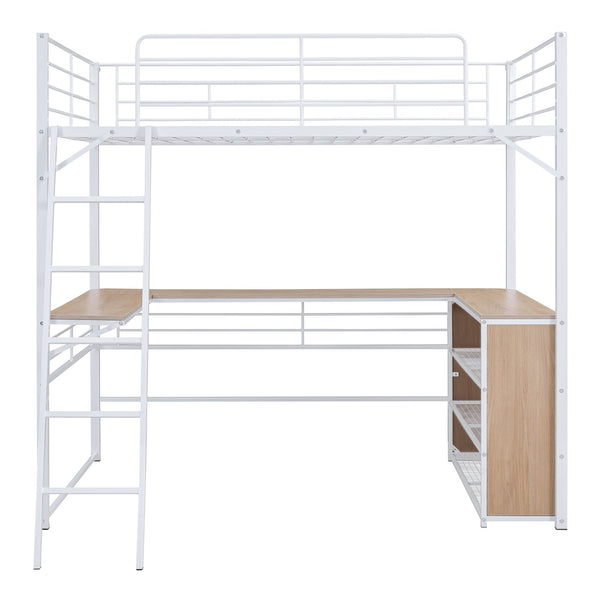 English Elm Full Metal Loft Bed with L-Shaped Desk, 3-Tier Shelving, Sturdy Ladder & Space-Saving Design for Teens and Adults White SF000080AAK